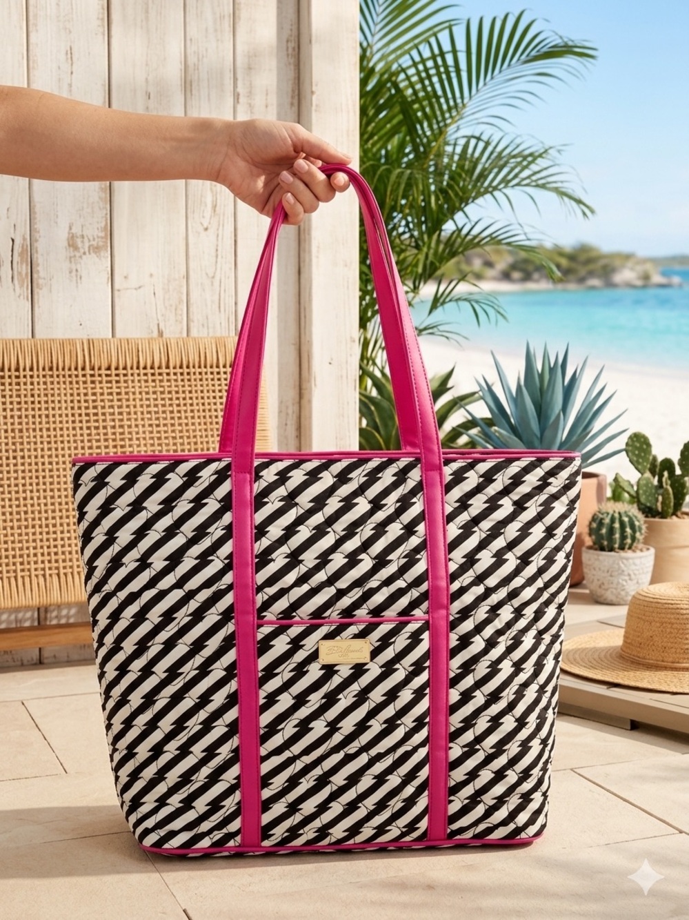 LUV Betsey by Betsey Johnson quilted chevron stripe tote bag with pink accents